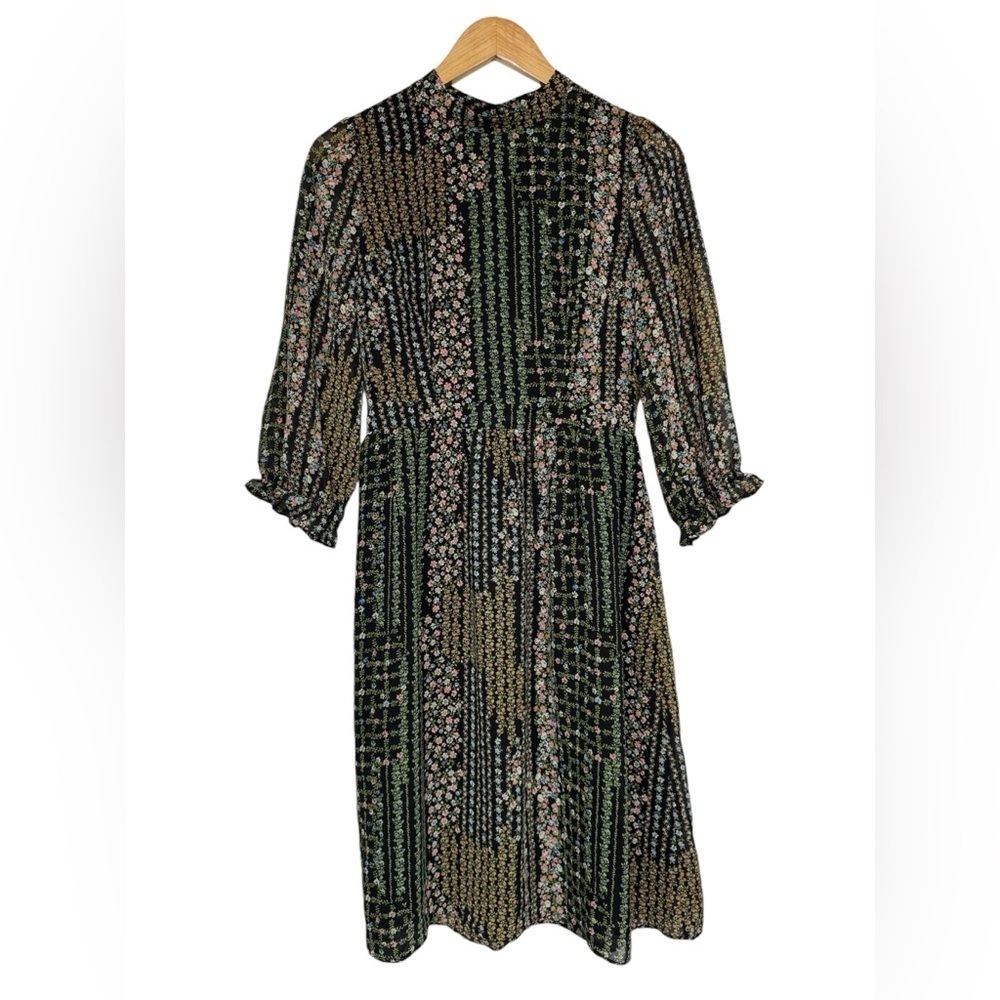 Forever 21 Black Floral Long Sleeve Midi Dress Size XS Cottagecore Prairiecore